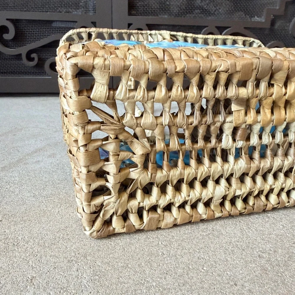 Vintage Woven Straw Basket Ceramic Blue Morning Glory Flowers Bohemain Caddy
